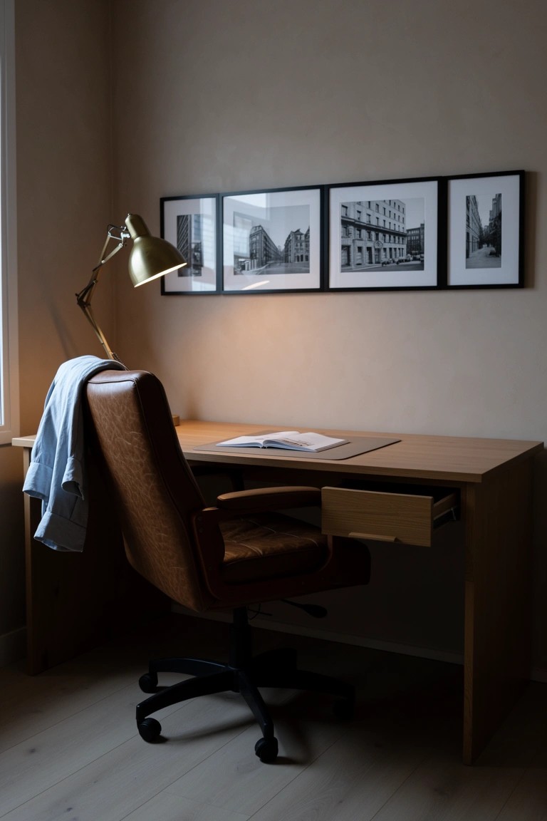 Minimalist home office desk with brown leather chair, gold lamp, open book, and three black-and-white framed architectural photos on beige wall