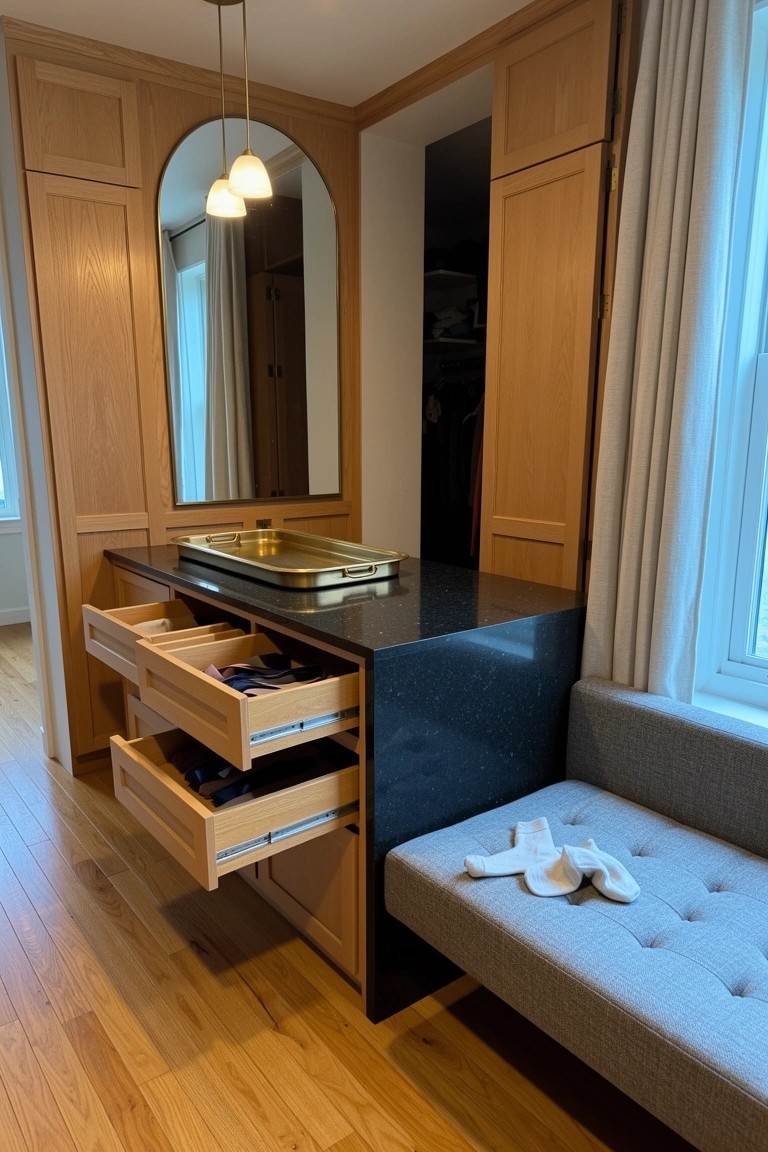 Custom wood closet island with black countertop, open drawers holding shoes and socks, flanked by cabinetry and bench