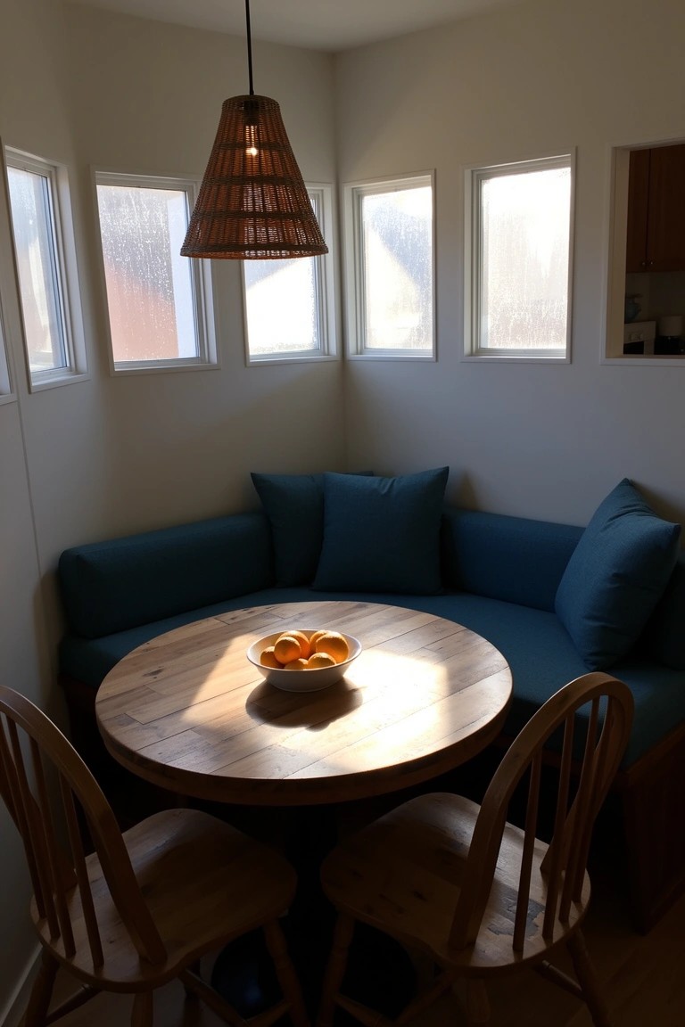 Cozy corner bench with teal cushions around a wooden round table in a light-filled nook