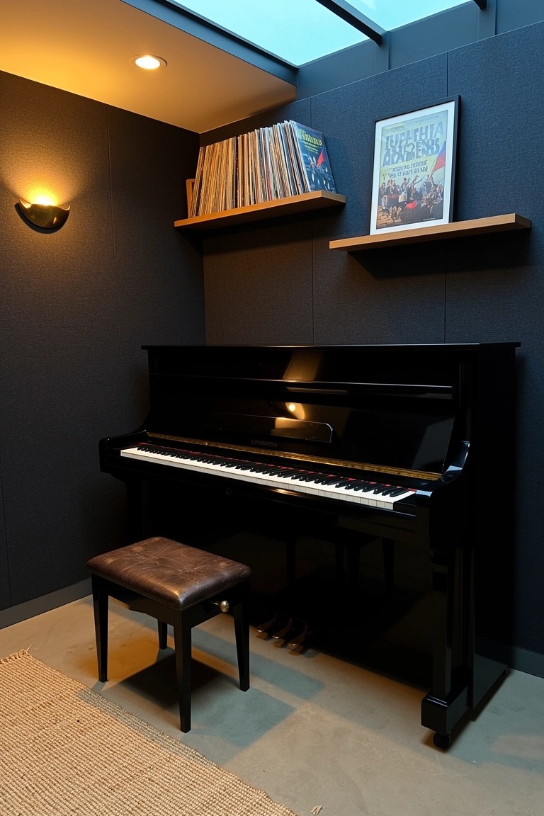 Cozy room corner with black upright piano, leather stool, wood shelves of vinyl records and posters against dark paneled walls