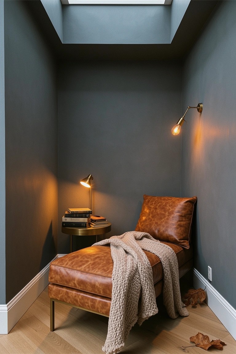 Corner nook with leather chaise lounge draped in knitted blanket, brass lamps, and stacked books on side tables against dark gray walls