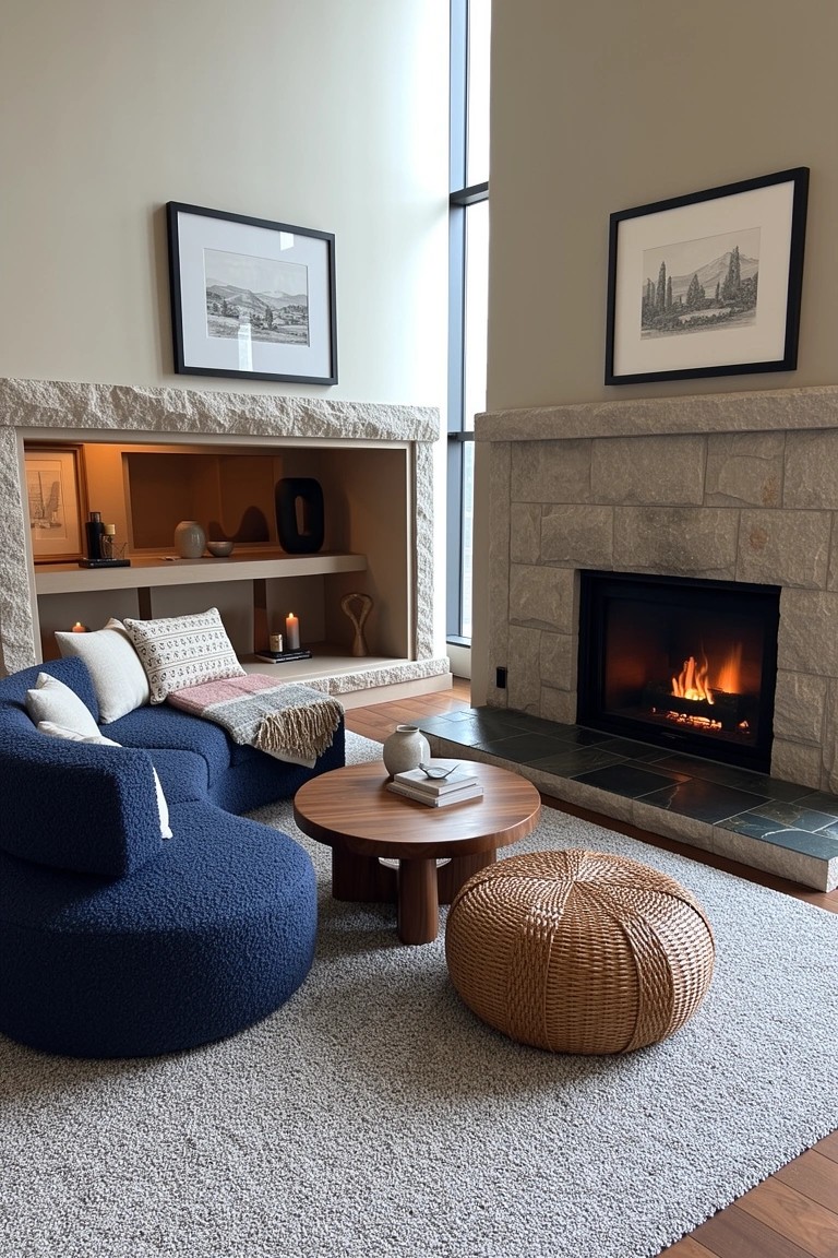Cozy seating nook with blue curved sofa, woven pouf, and wooden tables in front of a stone fireplace featuring built-in shelves, neutral walls, and large windows