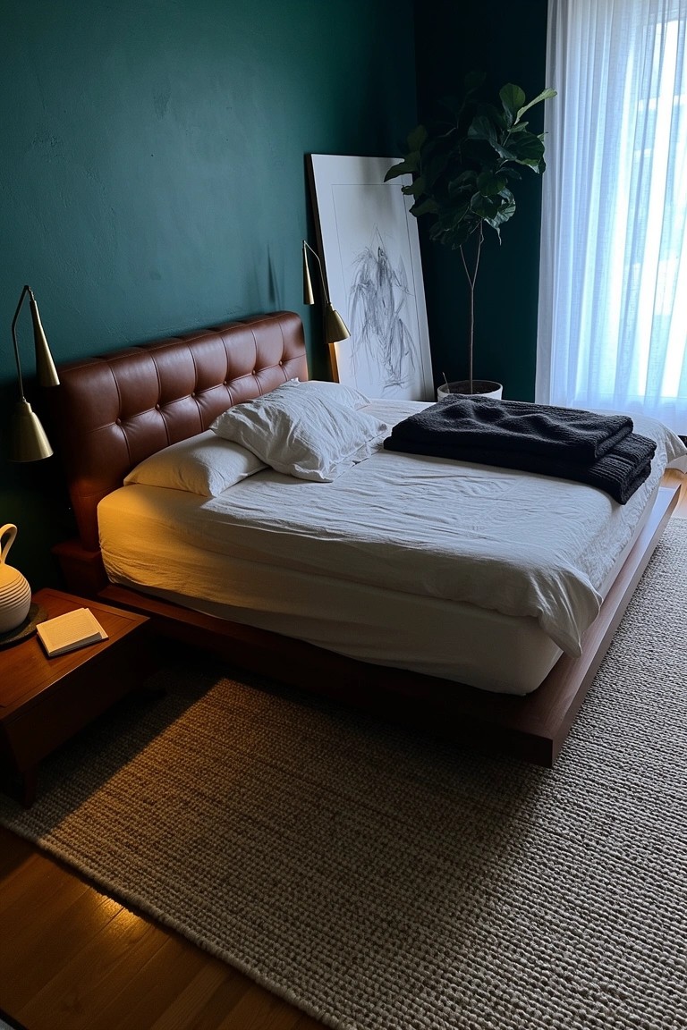 Calm bedroom featuring deep green walls, brown leather tufted platform bed with white sheets and black throw, potted plant, abstract art, and arched lamps on wooden nightstands