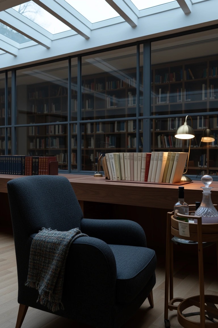 Navy blue armchair with plaid throw next to wooden drinks trolley holding whiskey and decanter, in library space with large windows and bookshelves