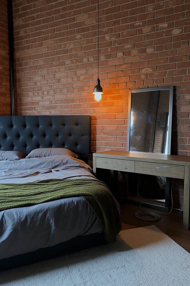 Bedroom featuring exposed red brick accent wall behind black tufted headboard bed with gray linens and green throw, wooden nightstand with mirror, and hanging bulb light
