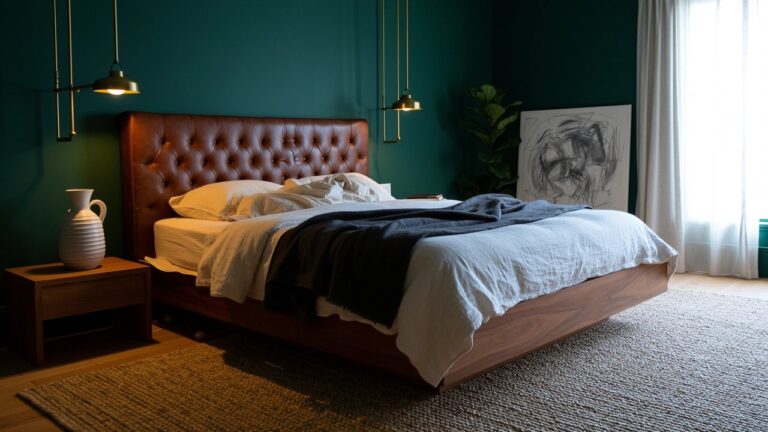 Calm bedroom featuring deep green walls, brown leather tufted platform bed with white sheets and black throw, potted plant, abstract art, and arched lamps on wooden nightstands