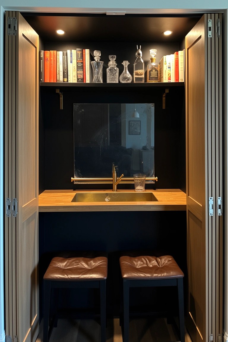 Compact bifold wooden doors open to a built-in mini bar with shelves of books and liquor bottles, wooden counter, gold sink, black mirror, and two stools