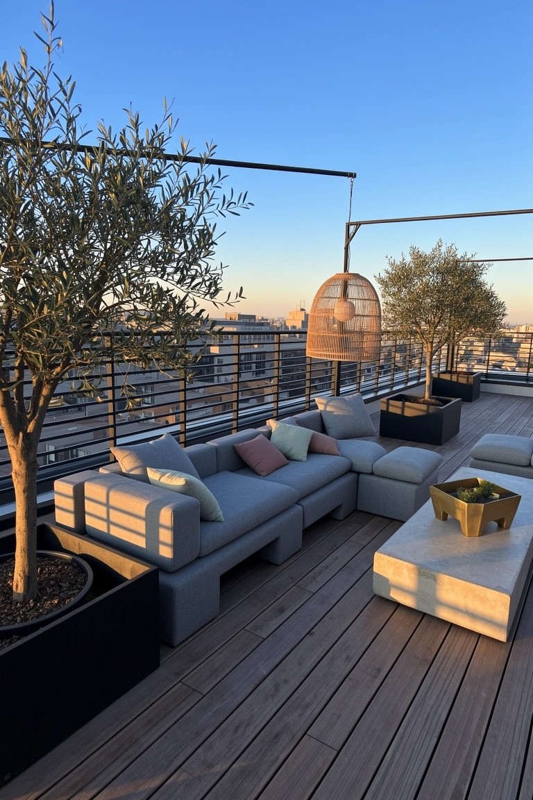 Rooftop terrace lounge with modular gray L-shaped sofa, potted olive trees, rattan pendant light, low white table, and wooden decking