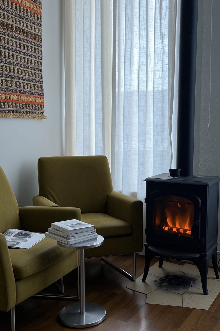 Pair of green armchairs with small table holding books, arranged by a lit wood stove in a light-filled room corner