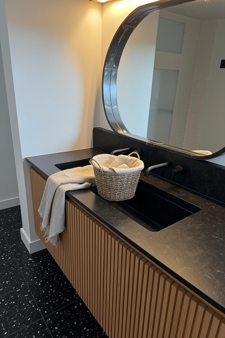 Bathroom vanity with slatted wood cabinets below black stone countertop and integrated sinks, plus woven towel basket