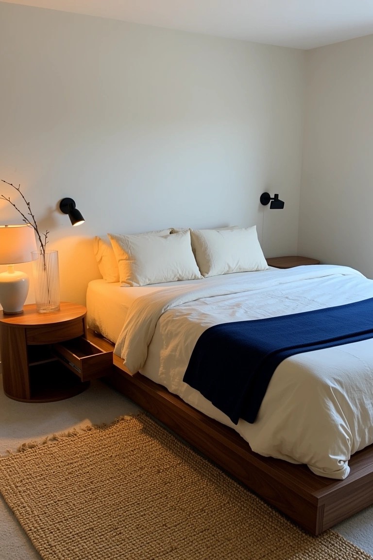 Low wood platform bed in neutral bedroom with white bedding, navy throw, and simple wood nightstand