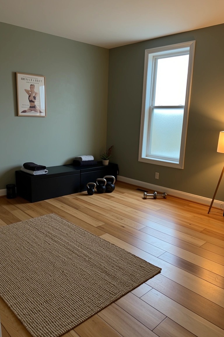 Sage green corner workout nook with black storage bench, dumbbells, seagrass rug, wooden floors, frosted window and lamp