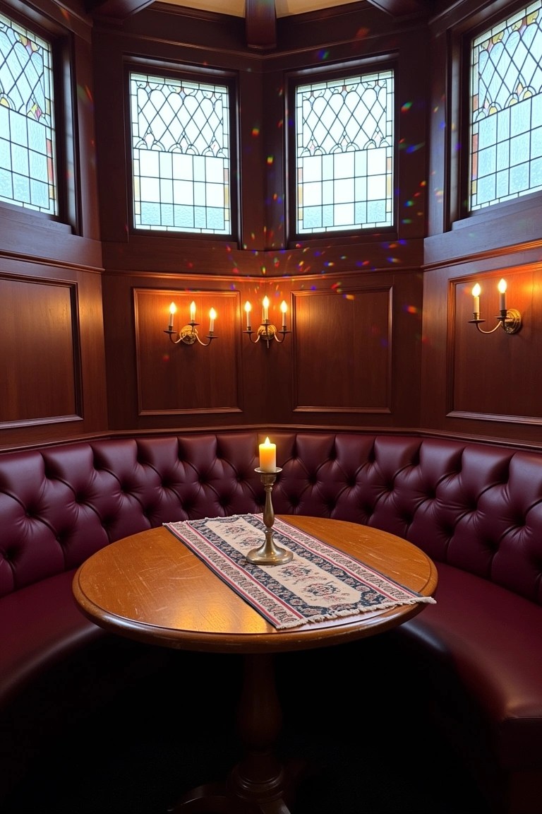 Cozy pub room alcove with red tufted leather booth seating around a small round wooden table, stained glass bay windows, wood-paneled walls, and candle lighting