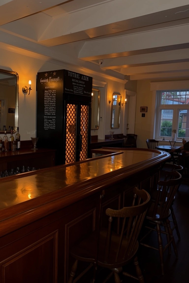 Curved wooden pub bar counter with polished brass top, wooden stools, and dark cabinetry in a cozy room