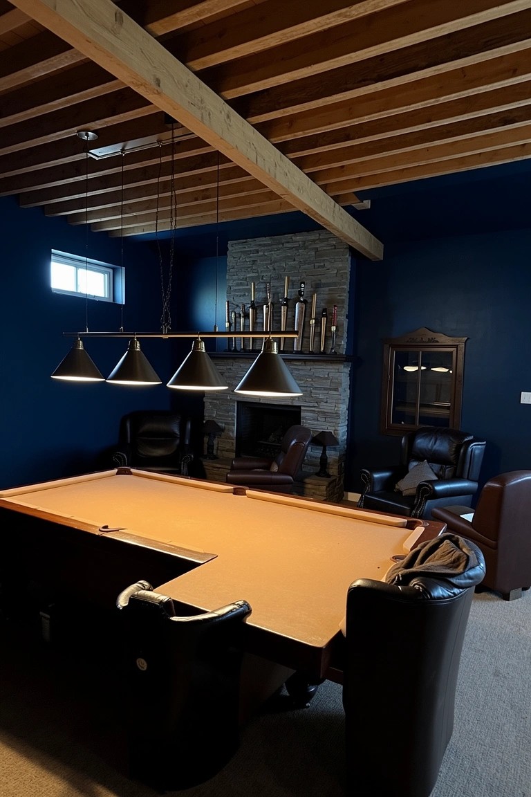 Rustic pub room with exposed wooden ceiling beams, navy blue walls, central pool table, stone fireplace mantel lined with bottles, and leather armchairs