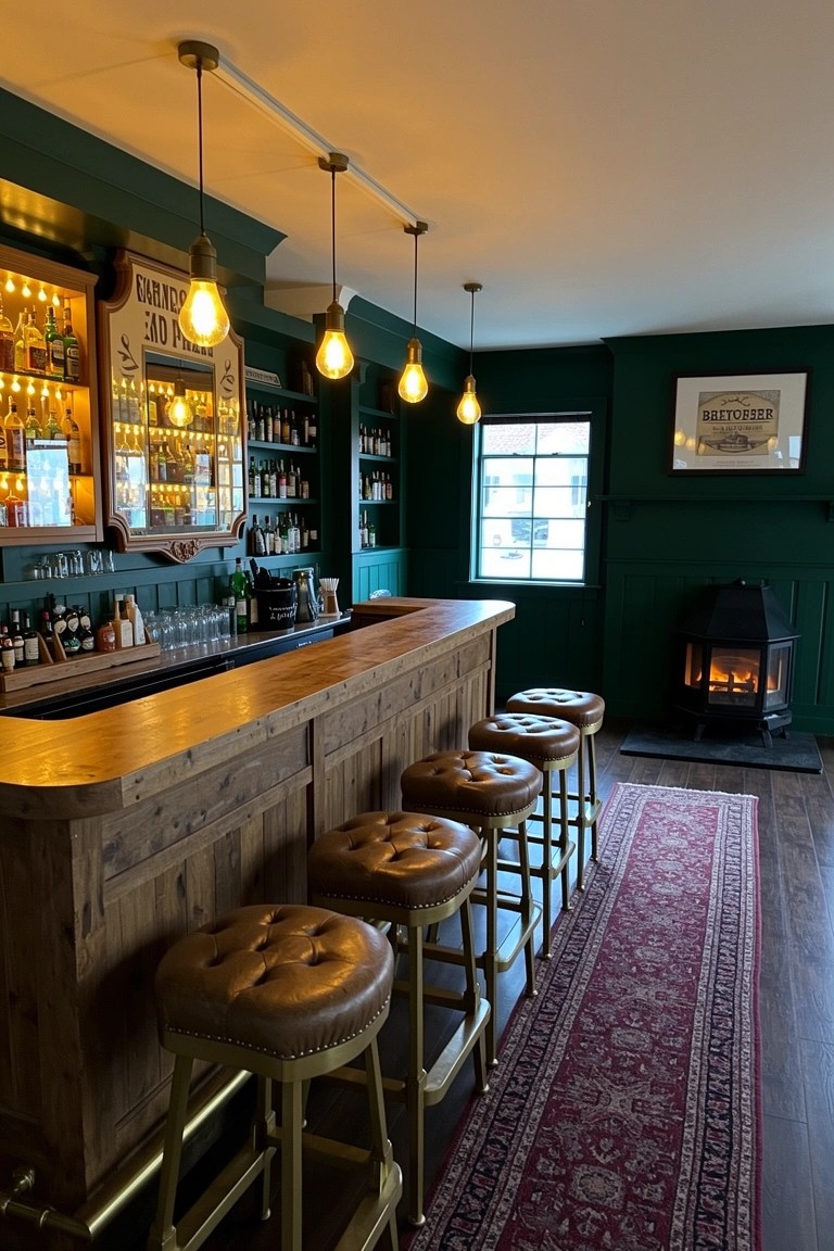 Rustic wooden home bar counter with leather stools against dark green walls, lit bottle shelves, and a fireplace in the corner