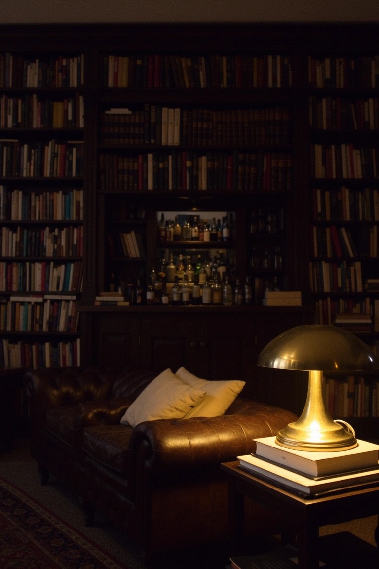 Dark wood bookshelves lining a cozy library room with central glass-door bar cabinet stocked with liquor bottles, leather sofa, brass lamp on side table