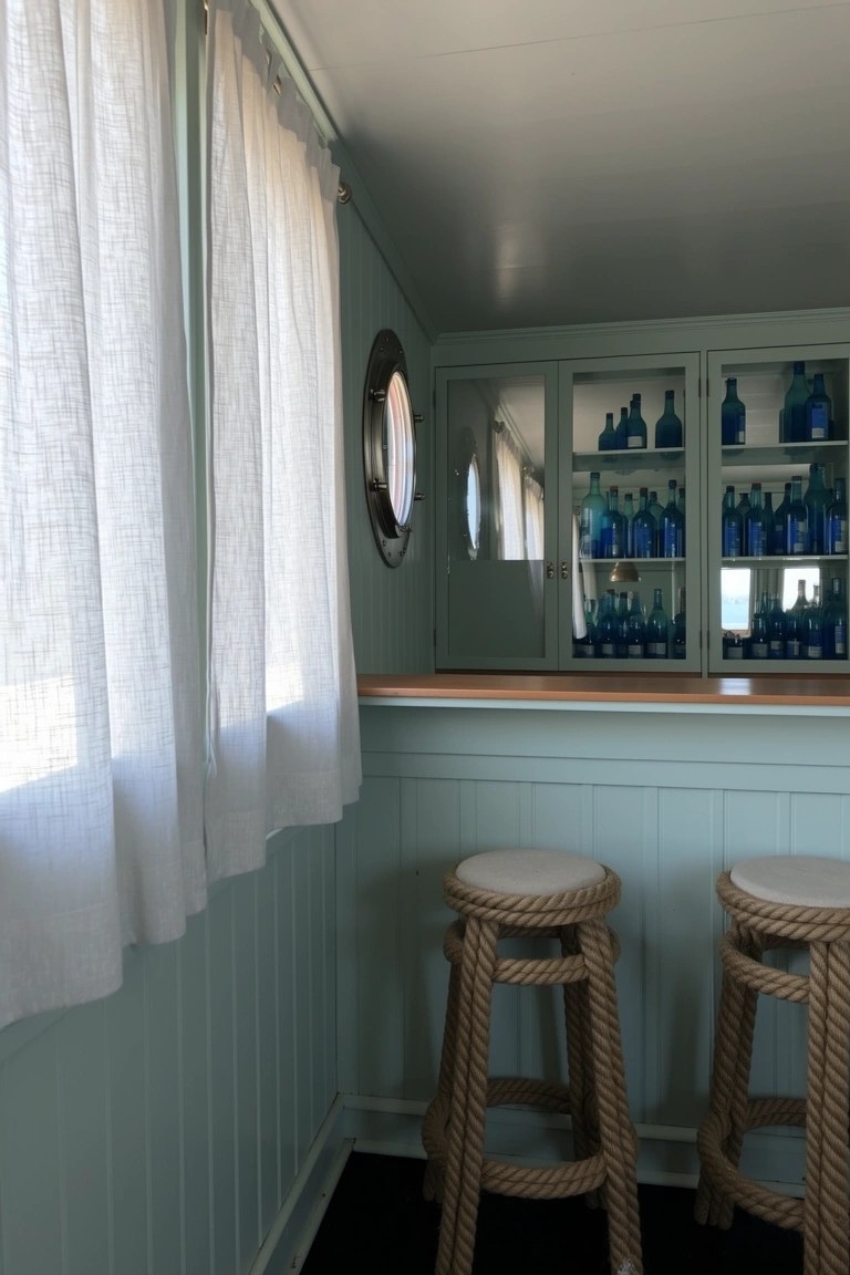 Mint green nautical bar nook with wooden counter, rope-wrapped stools, glass-fronted cabinet of blue bottles, and porthole window