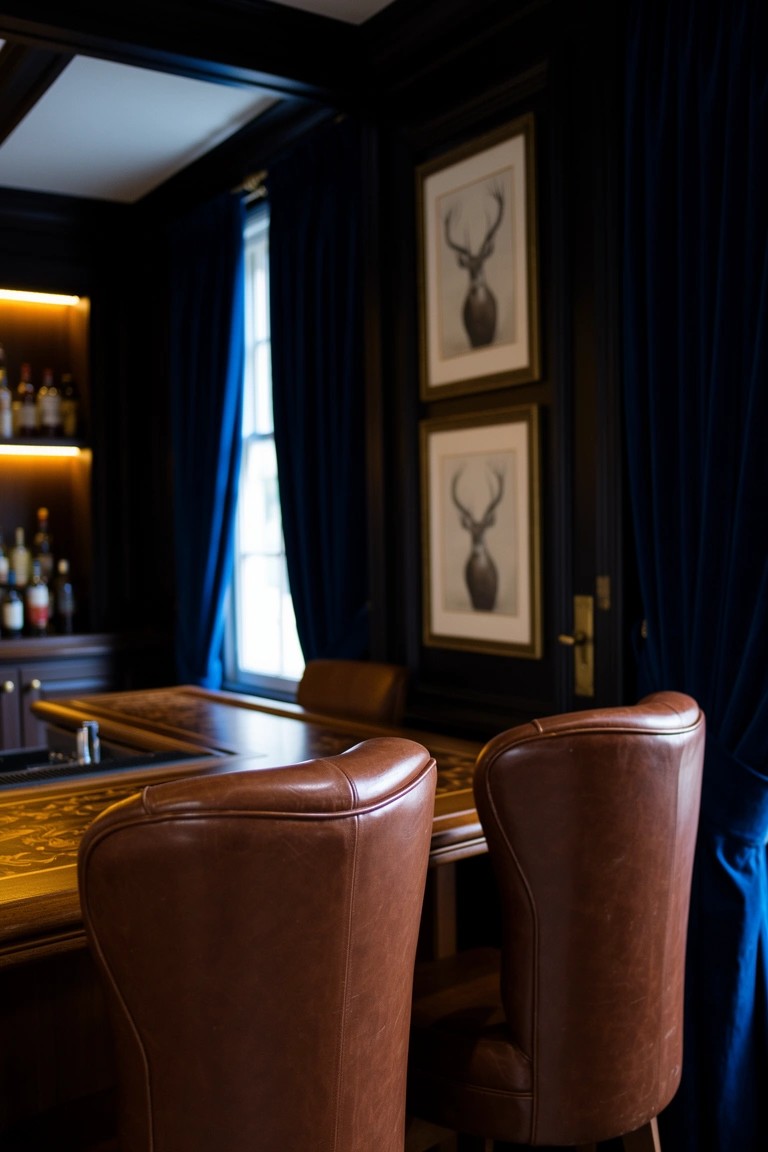 Home pub bar framed by navy blue velvet curtains with dark wood paneling, leather stools, and backlit liquor shelves