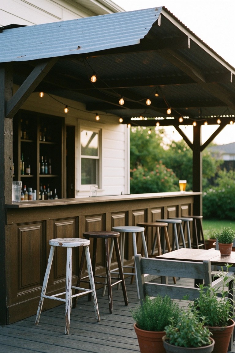 Rustic wooden bar counter on a patio with stools, bottle shelves, string lights overhead, and potted plants nearby