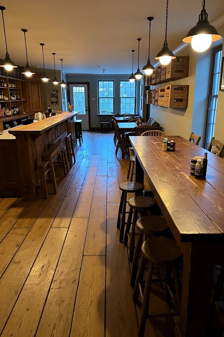 Rustic pub room with long wooden bar counter, high stools, communal table, and pendant lights over wood floors