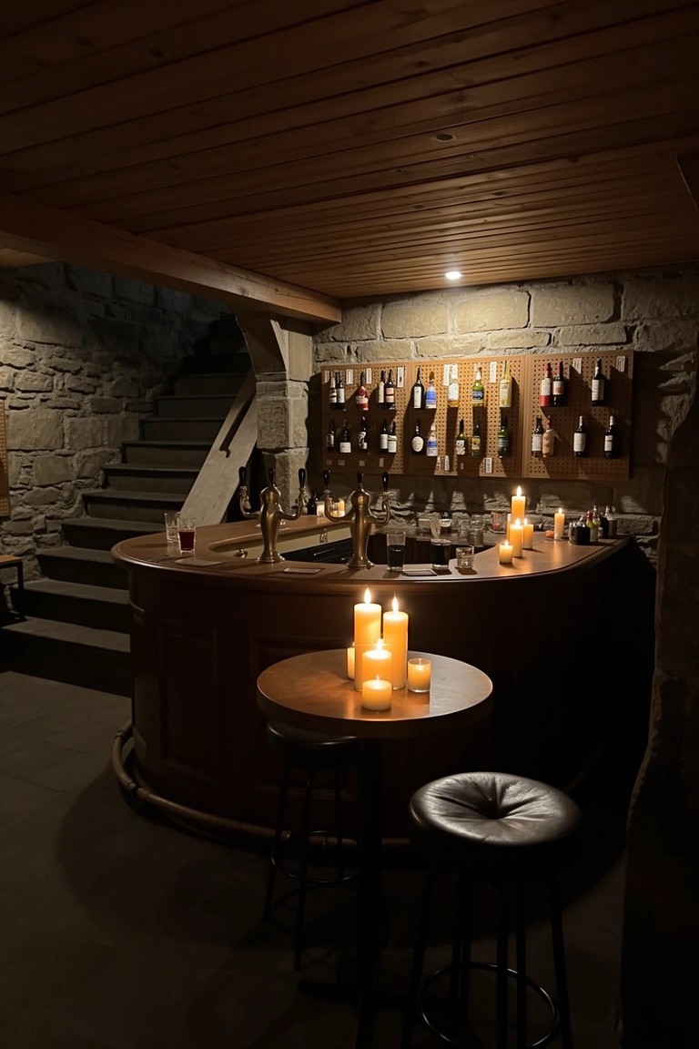 Curved wooden bar in a stone-walled basement with wine racks, candles, and stools for a cozy pub vibe