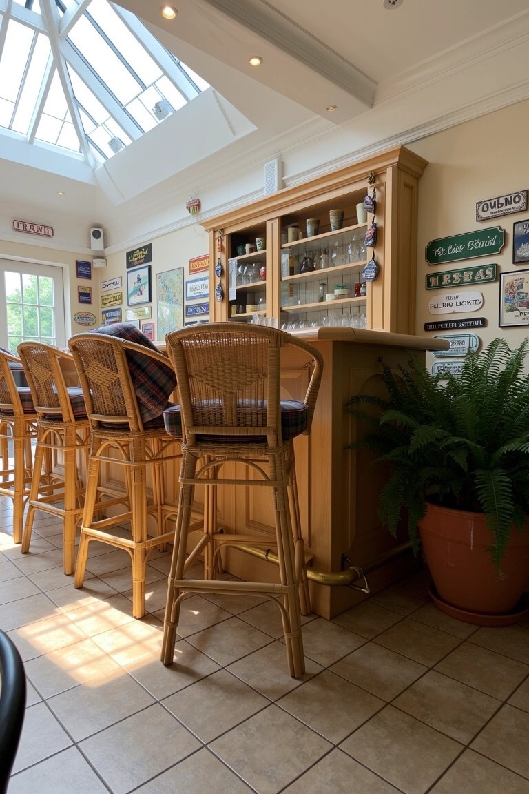 Sunlit home bar area with wooden counter, wicker bar stools, pub signs on walls, and glass skylight overhead