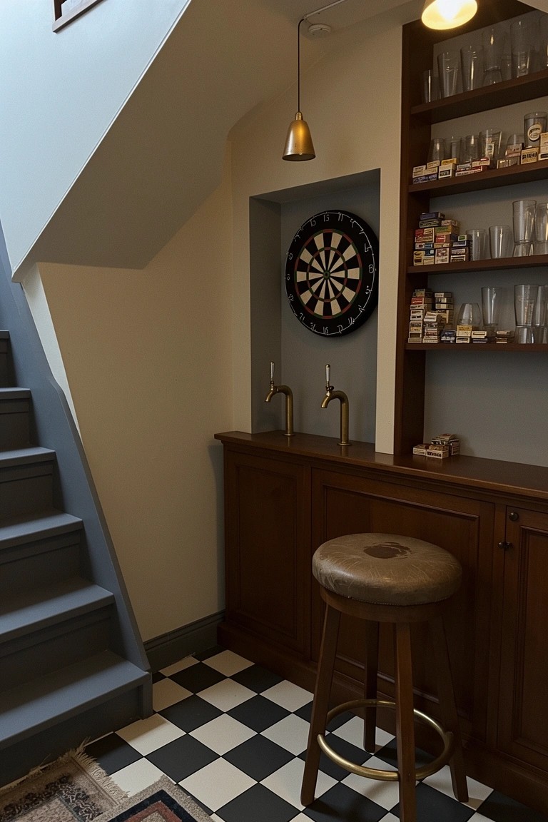 Compact wooden pub bar built under stairs with brass taps, dartboard, glass shelves, and bar stool on checkered floor