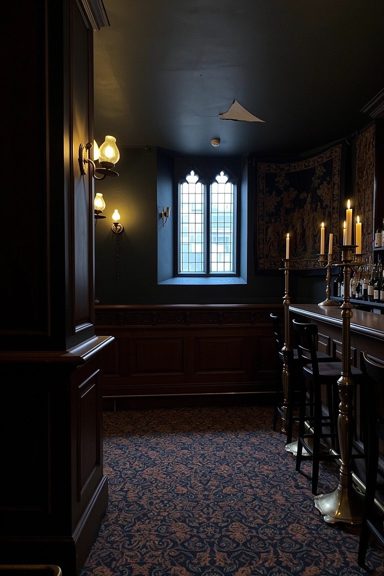 Dark wood paneled pub room with brass candle stands at a bar counter and gothic arched window