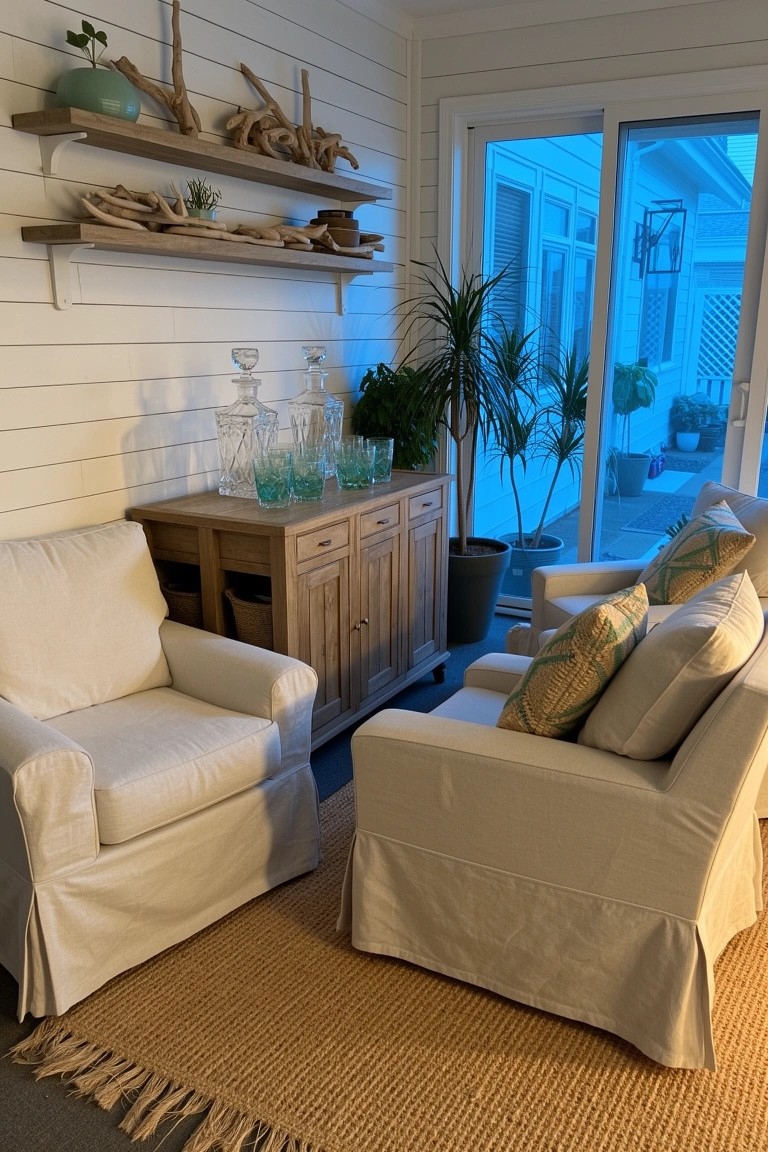 Cozy nook with two white slipcovered armchairs on a jute rug facing a wooden credenza with turquoise glass decanters against shiplap walls