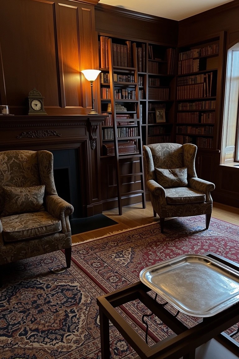 Dark wood paneled lounge with floor-to-ceiling bookshelves, rolling ladder, armchairs by fireplace, and patterned rug