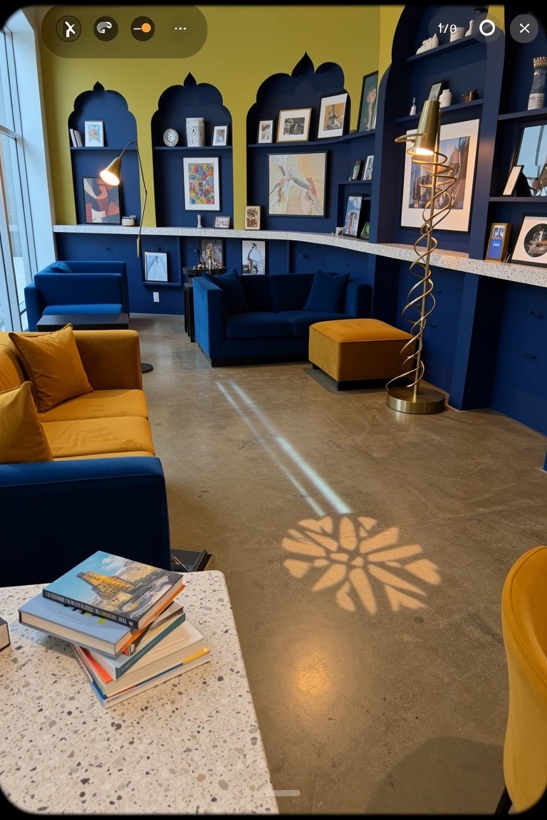 Navy blue arched built-in bookshelves lining a lounge wall with blue and orange upholstered seating on polished concrete floor