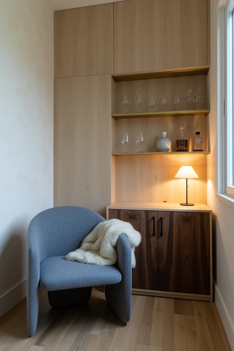 Light wood built-in bar cabinet with open shelves for glassware and bottles next to a curved blue armchair in a cozy corner