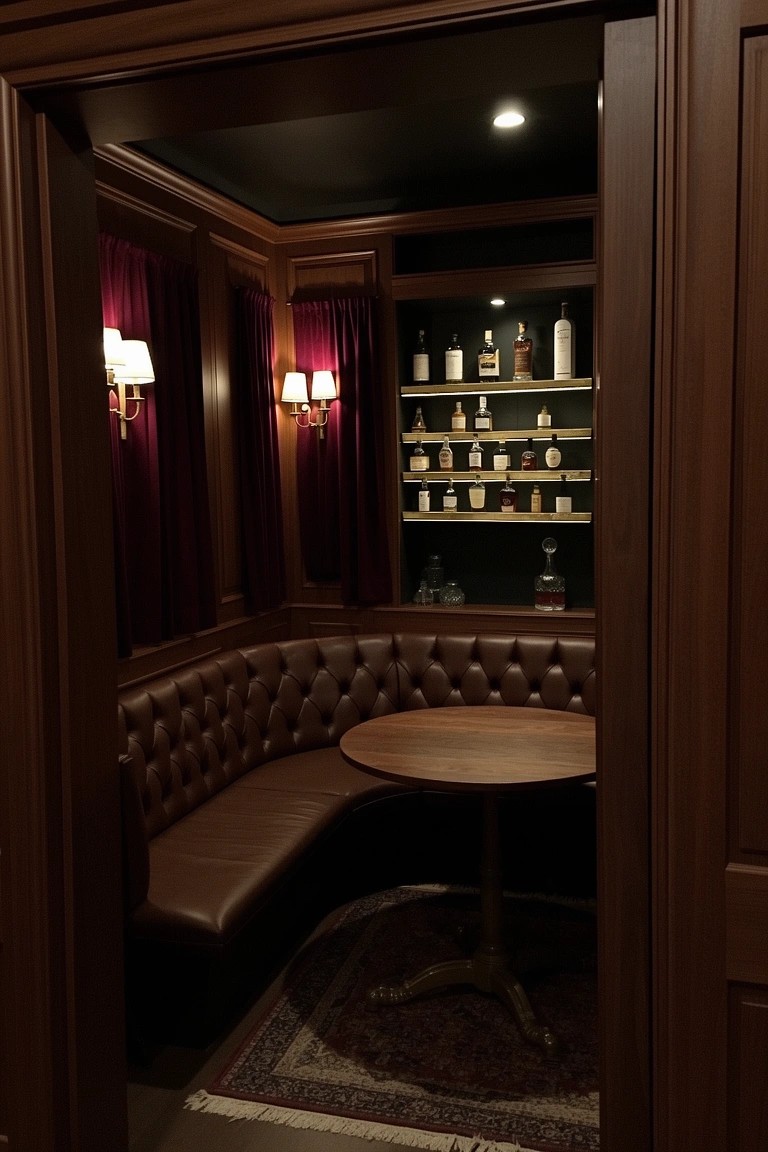 Wood-paneled lounge nook with curved tufted leather banquette, round wood table, and shelves of whiskey bottles