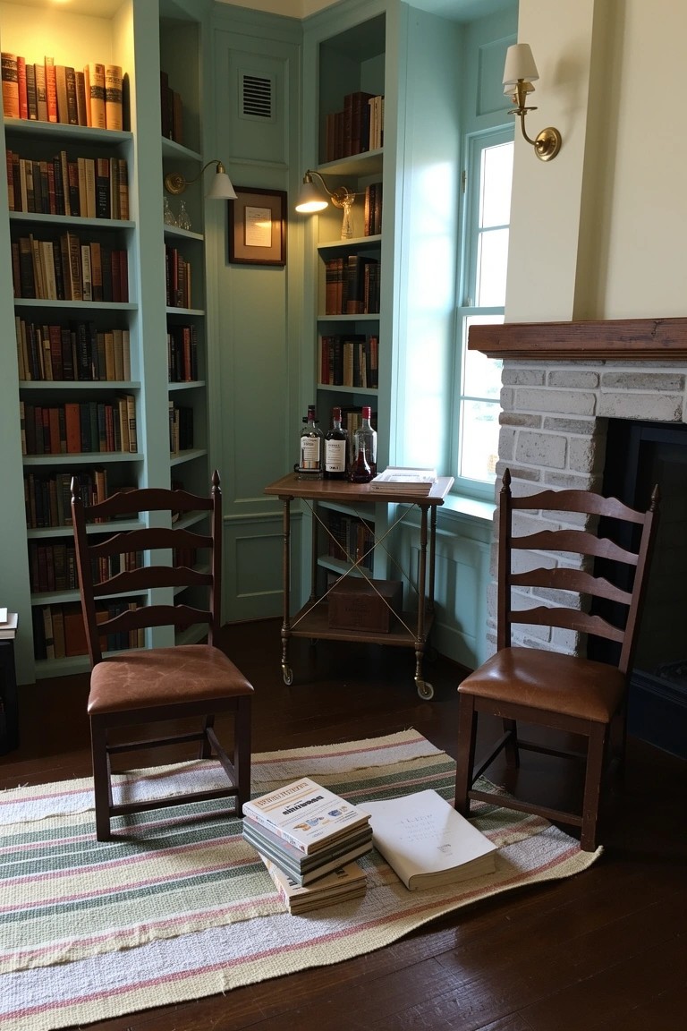 Teal corner bookshelves framing two wooden chairs and a bar cart with whiskey bottles on a striped rug by a brick fireplace