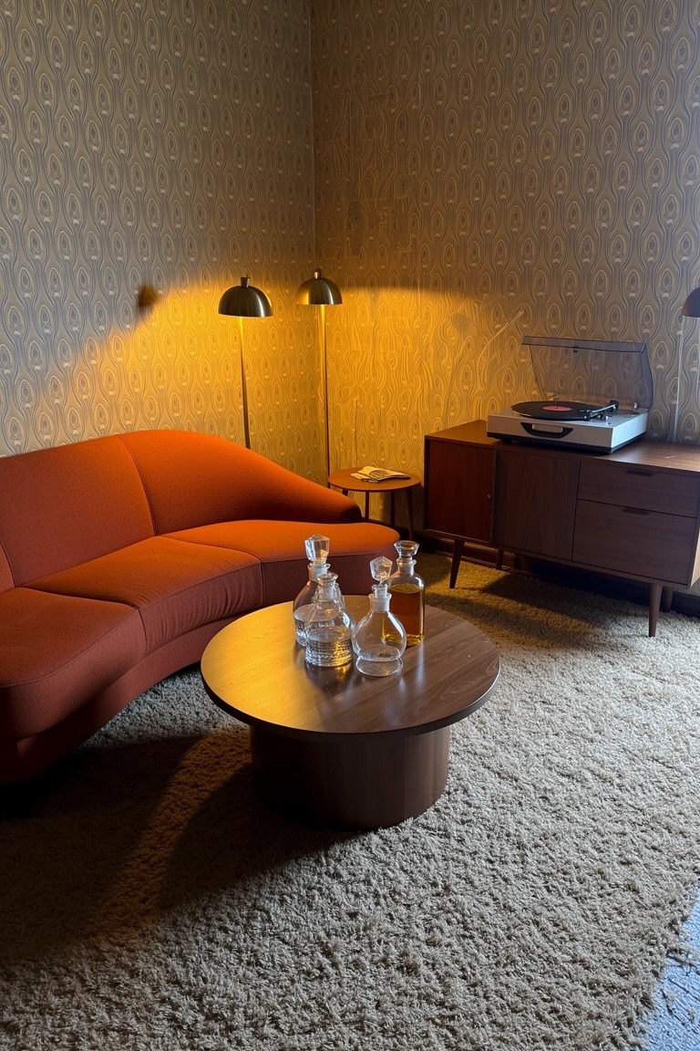 Cozy mid-century lounge corner with orange curved sofa around round walnut coffee table holding glass decanters, wooden sideboard with record player, and warm arched floor lamps on shag rug