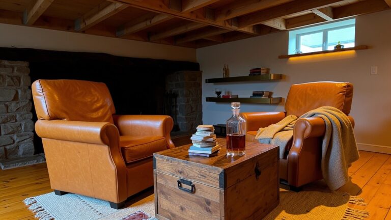 18 Creative Whiskey Lounge Room Ideas For A Relaxed Atmosphere Tan leather armchairs around a wooden trunk coffee table in a rustic room with bar shelves and stone fireplace