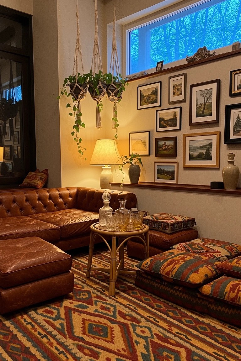 Brown leather L-shaped sofa with colorful floor cushions and rattan table holding whiskey decanters on a geometric rug in a plant-filled lounge corner