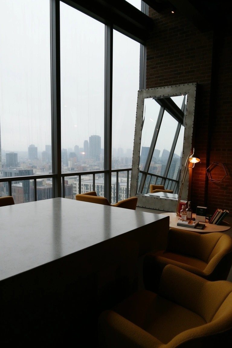 Modern industrial lounge with tall mirror reflecting rainy city skyline through floor-to-ceiling windows, mustard yellow chairs around low table