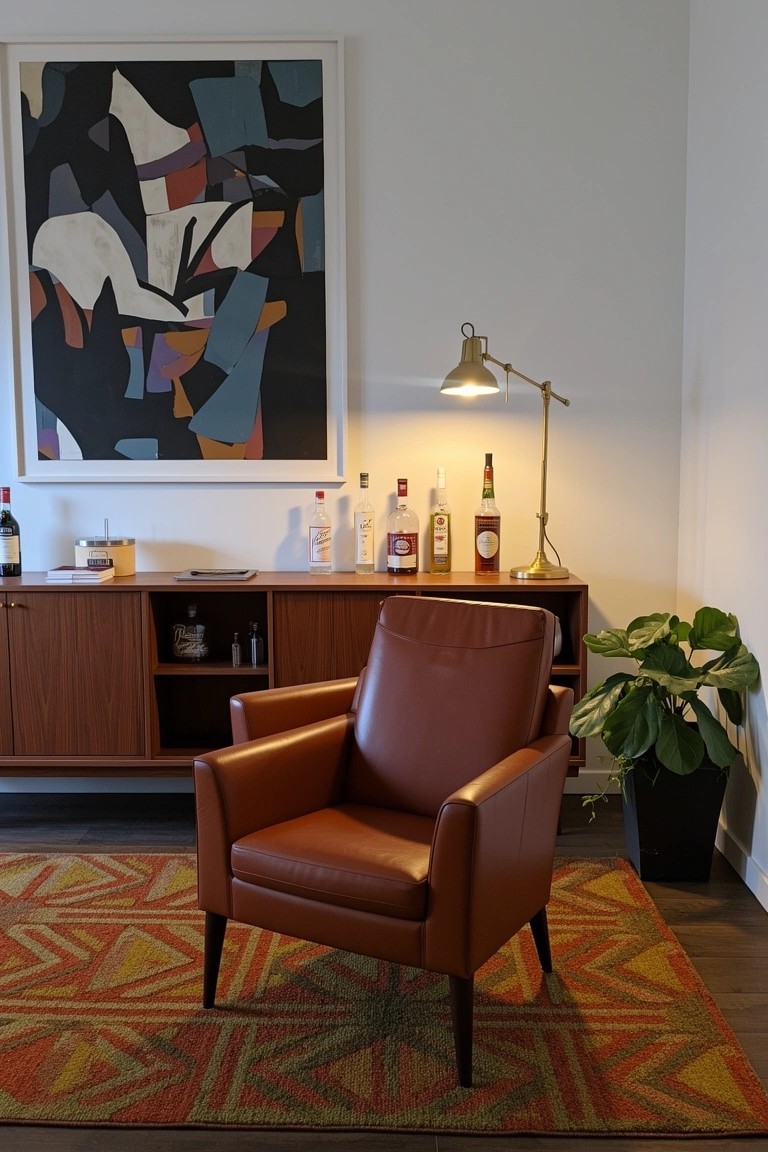 Rust leather armchair next to wooden credenza displaying whiskey and liquor bottles, with abstract wall art, brass lamp, potted plant, and patterned rug in room corner