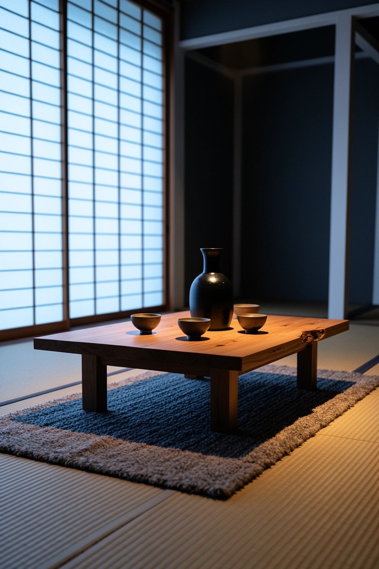 Low wooden table with black ceramic flasks and cups on tatami flooring in a minimalist Japanese-style room