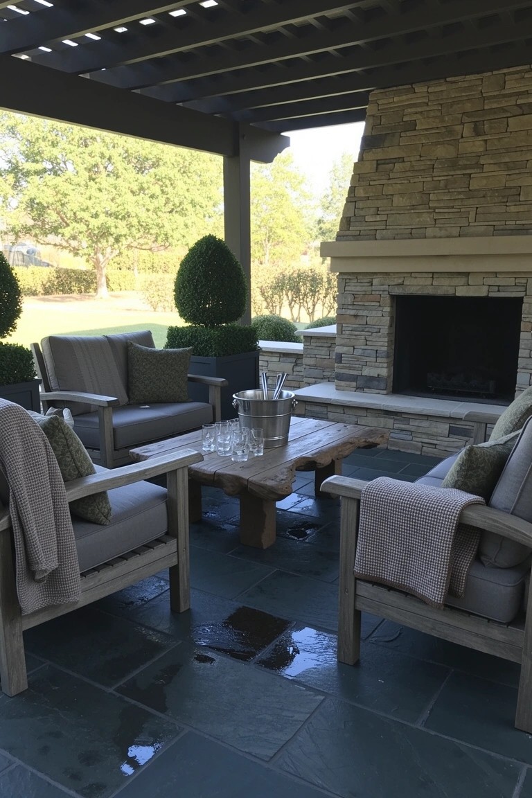 Covered outdoor patio lounge with stone fireplace, gray cushioned chairs, wood coffee table, and potted plants on blue tile floor