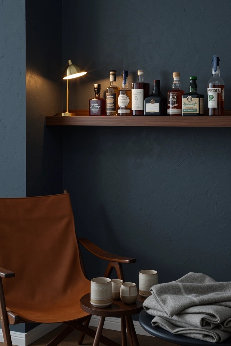 Corner nook with wooden shelf of assorted whiskey bottles lit by brass lamp, tan leather armchair, side table with mugs, and gray throw below on dark blue wall