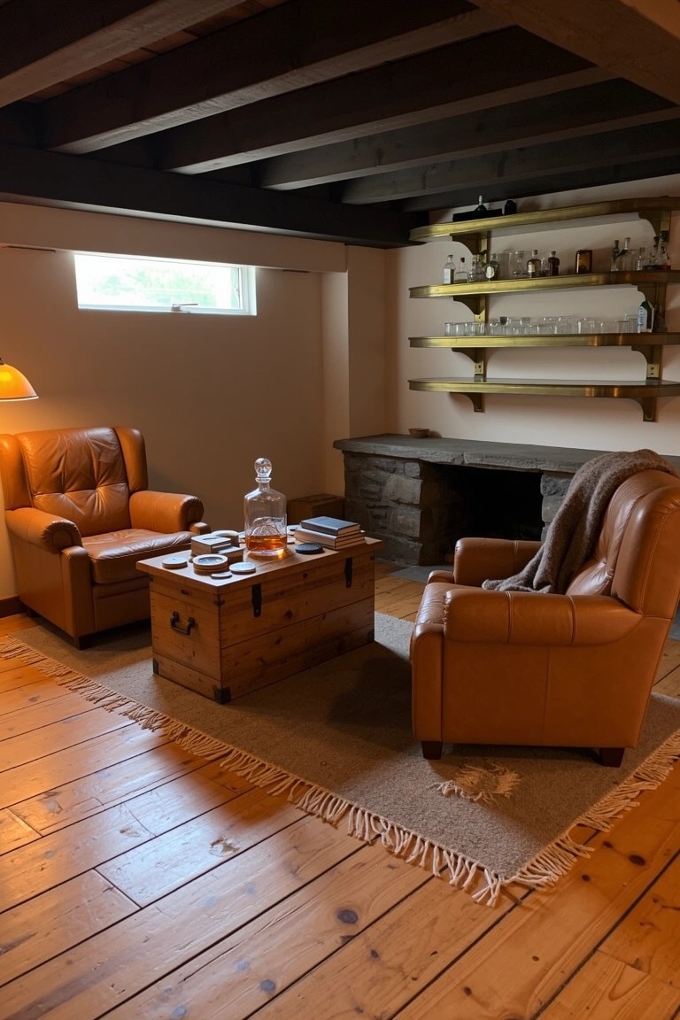 Tan leather armchairs around a wooden trunk coffee table in a rustic room with bar shelves and stone fireplace