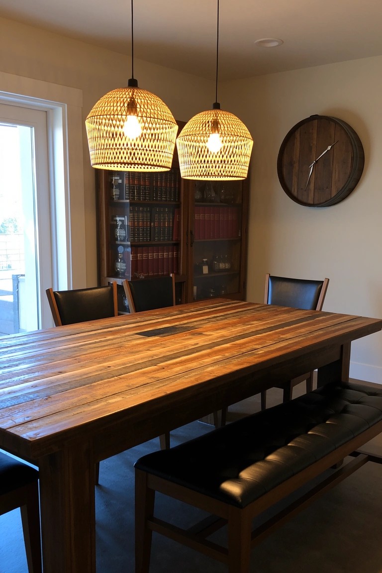 Whiskey barrel clock mounted on beige wall above rustic wood dining table with rattan pendant lights and bookshelves