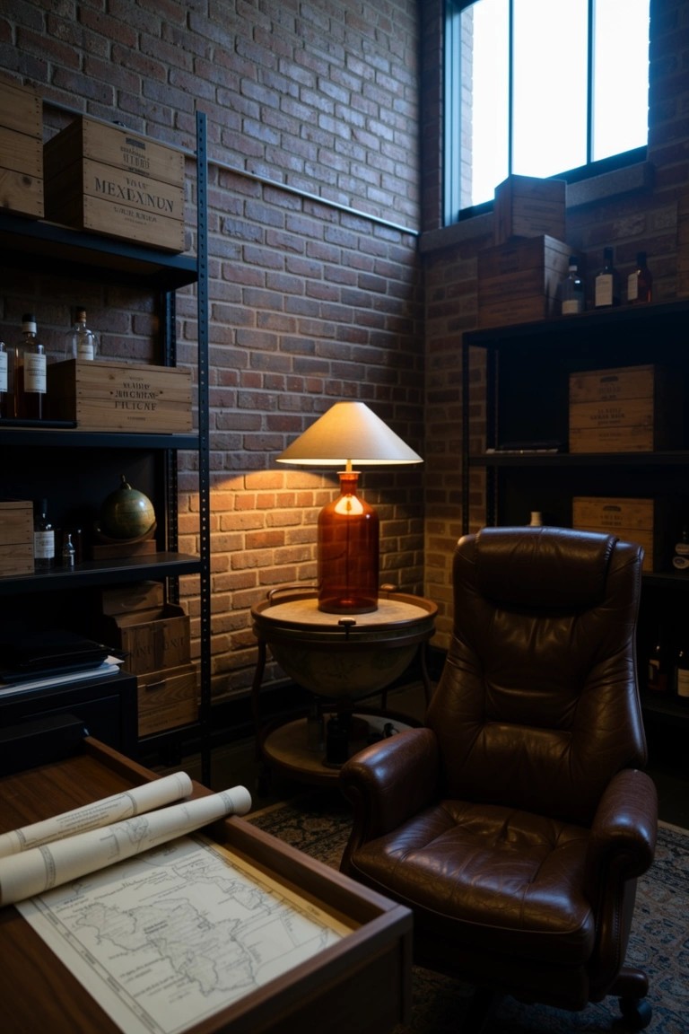 Brick-walled room corner with metal shelves stocked with whiskey crates and bottles, leather armchair by a barrel lamp on a globe table