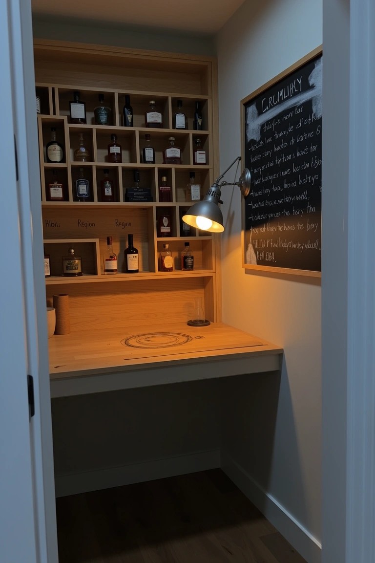 Wooden built-in whiskey cabinet in a small closet space with tiered bottle shelves, countertop, adjustable lamp, and chalkboard menu.
