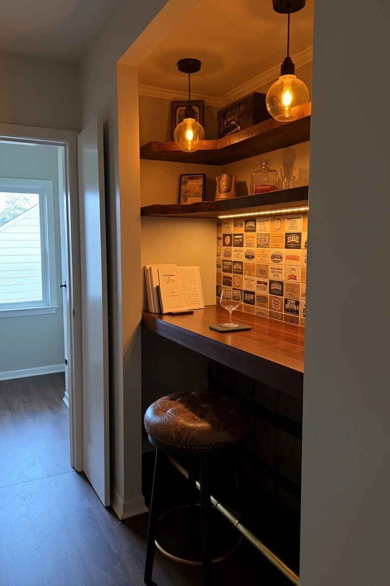 Compact built-in wall nook with wooden countertop, leather stool, whiskey label tile backsplash, and warm pendant lighting