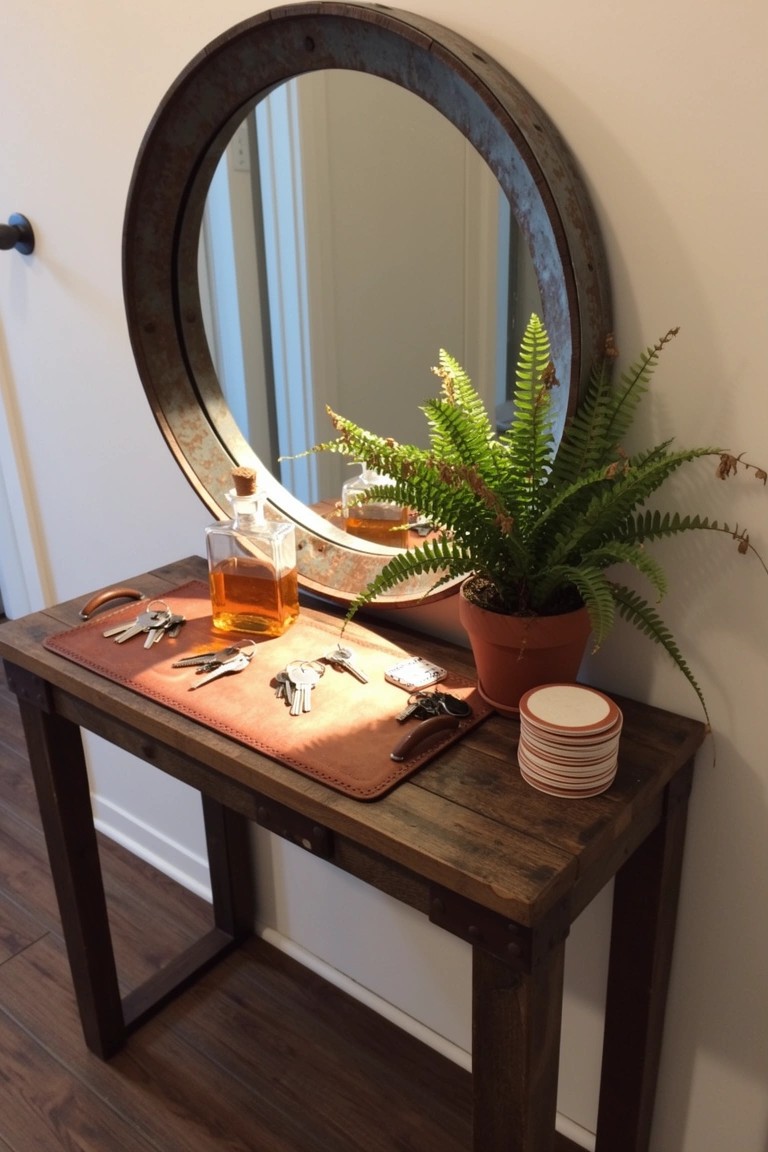 Rustic wood entry console table holding whiskey decanter, keys on leather tray, fern plant, and small plates under large round barrel rim mirror