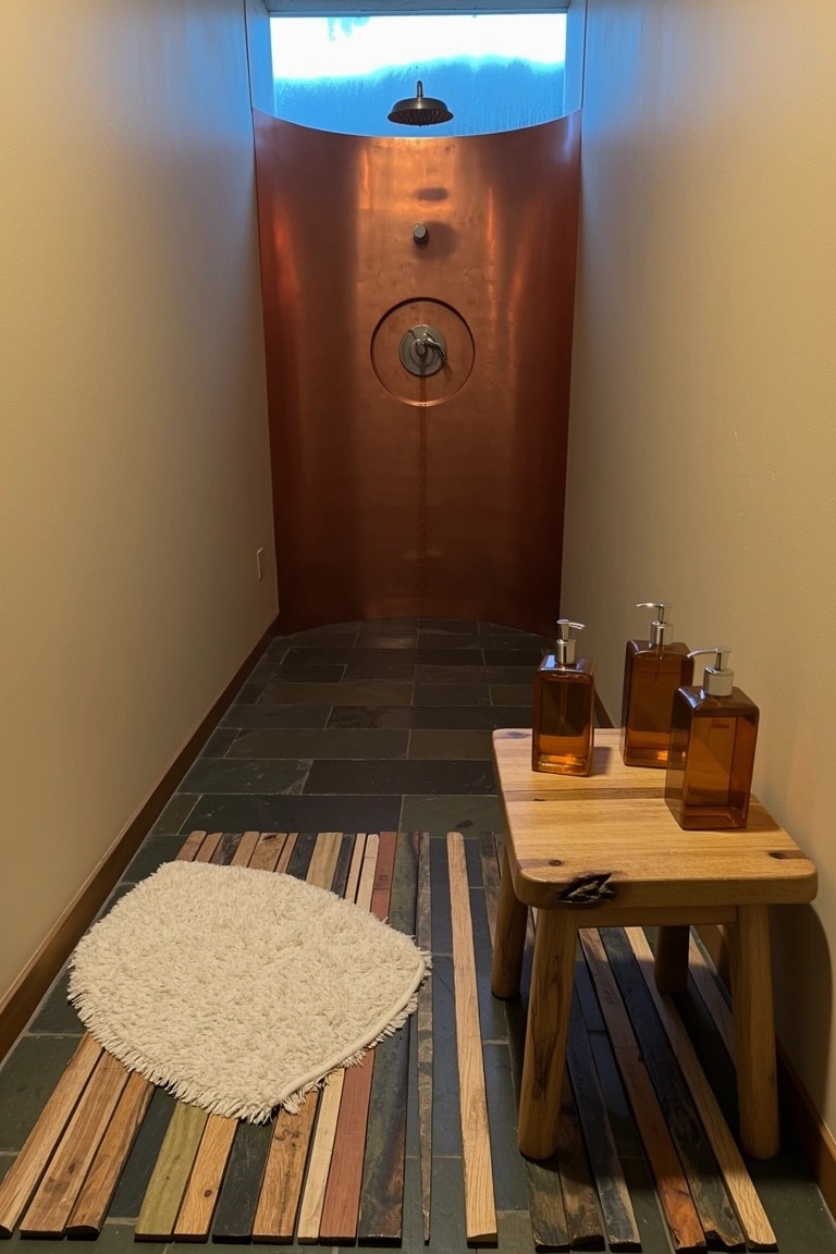 Copper-paneled walk-in shower with amber glass dispensers on a wooden stool and slate tile floor